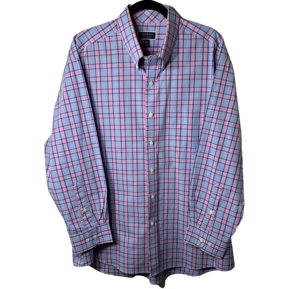 Club Room Dress Shirt Men's 17.5 32-33 Regular Fit Performance Blue Pink Plaid - Picture 1 of 13